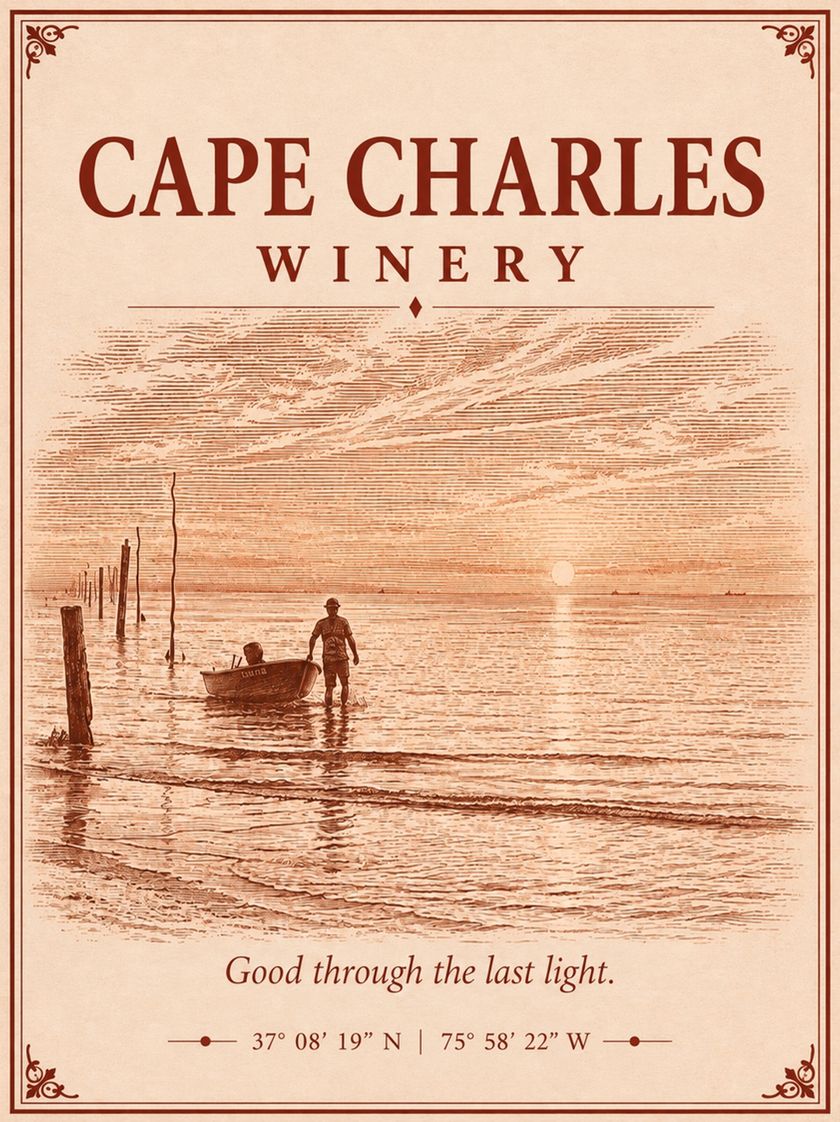 The Red label: an engraving of a waterman pulling a skiff ashore at sunset, in oxblood